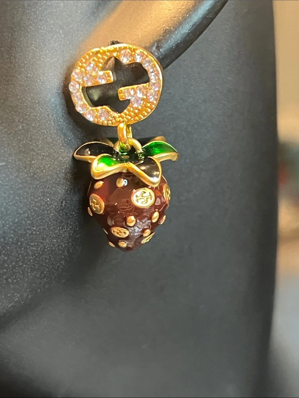 Gold-Tone Strawberry Drop Earrings with Brown and Green Enamel